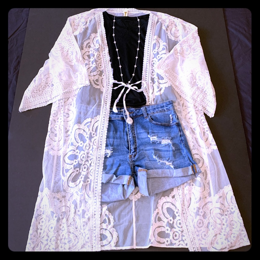 Swim Cover Up Women’s S/M Lace Embroidered Kimono Sheer Silver Metallic NWT